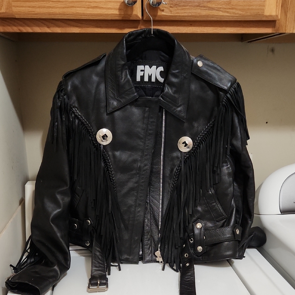 FMC Black Leather Utility Jacket with Fringe